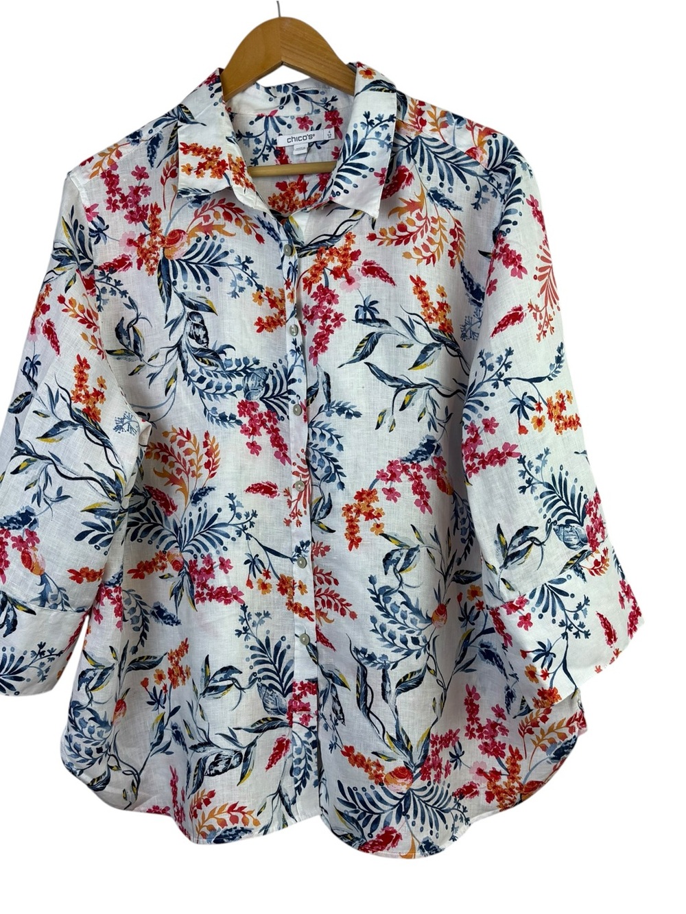Chico’s Floral Print Button Down Shirt 100% Linen Women’s Size 20